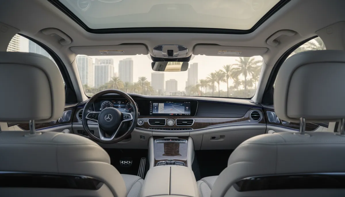 Interior of a luxury car showing bright Miami sun outside and cool, shaded cabin inside