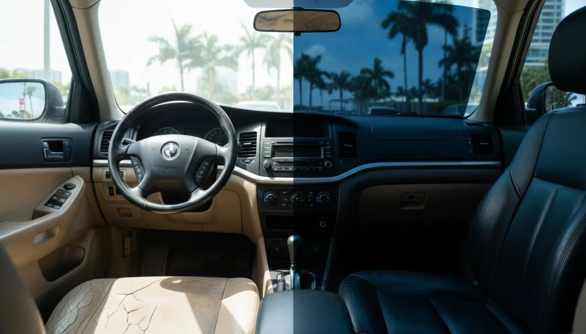 Car interior showing damage from UV exposure versus protected surfaces with quality window film