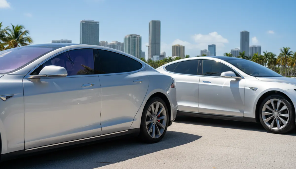 Comparison of cheap failing tint versus professional ceramic tint on cars in Miami