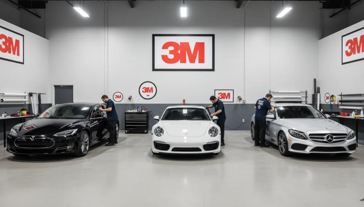 photorealistic wide shot inside a clean professional tint shop on NW 8th Street Miami, multiple cars being worked on, technicians in branded shirts, 3M logos visible on the wall, neutral color palette