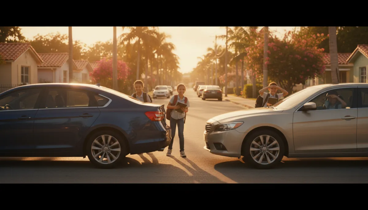 photorealistic golden hour Miami school pickup line, two similar sedans side by side, kids climbing into one cool tinted car smiling, kids shielding eyes and fanning themselves getting into untinted car, warm cinematic sunlight and neighborhood details