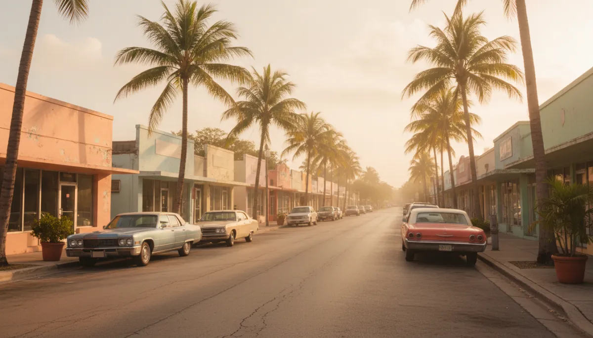 Miami Flagami neighborhood street with parked cars and palm trees