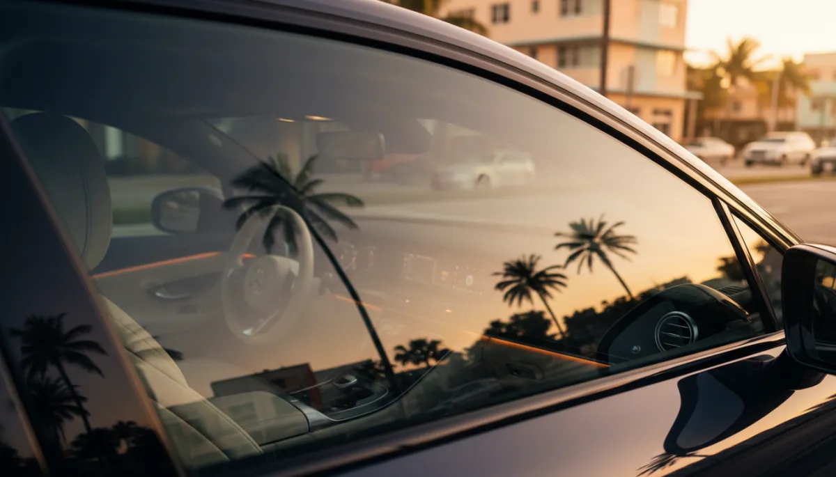 Car interior protected behind dark ceramic tinted glass in Miami light