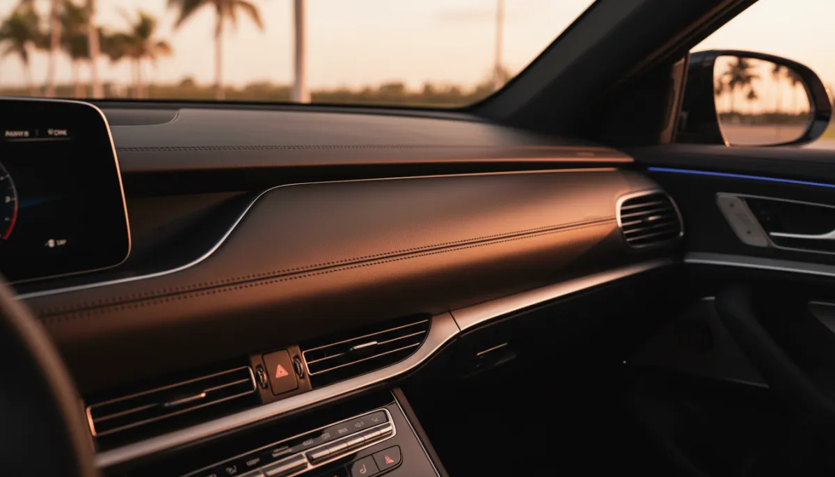 Photorealistic clean car interior with smooth leather dash protected from Miami sun