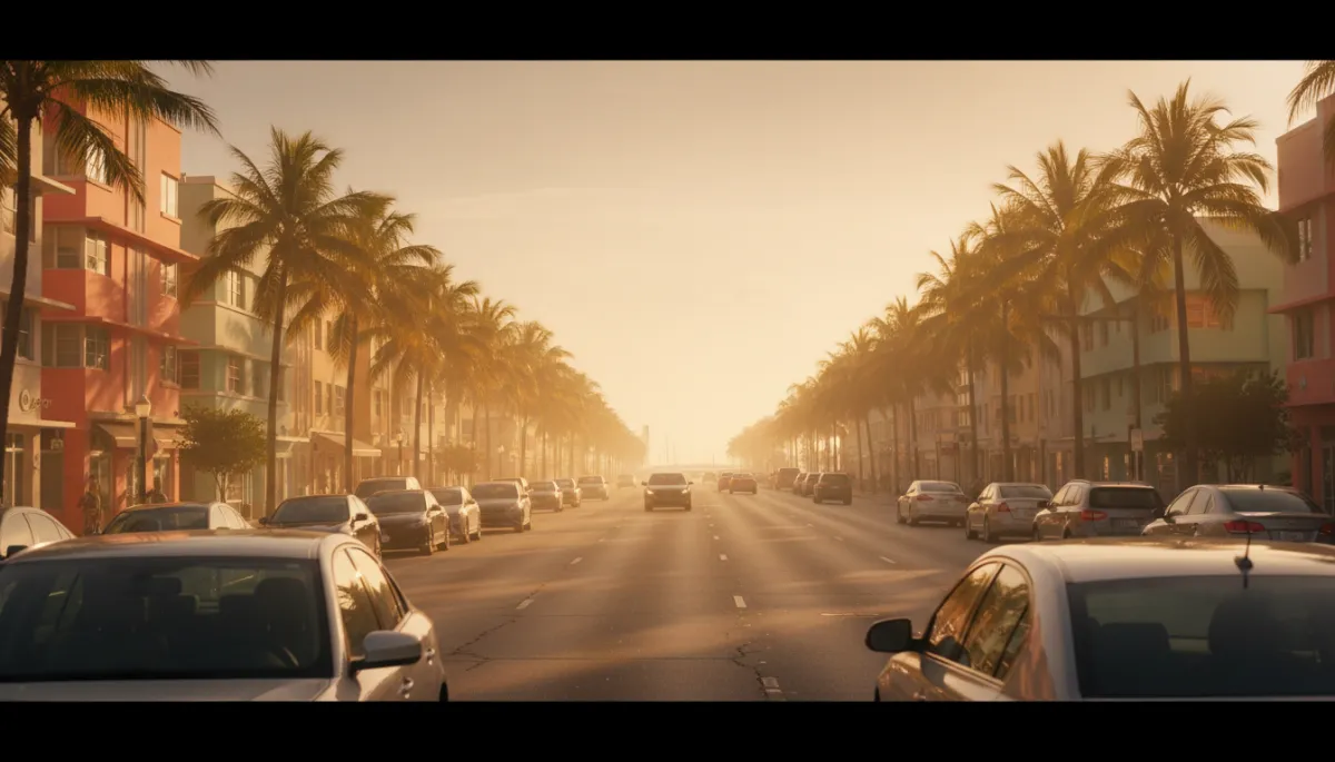 Photorealistic Miami street with palm-lined boulevard and cars in warm sunlight
