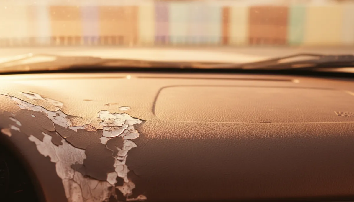 Photorealistic close-up of cracked and sun-faded car dashboard in warm Miami light