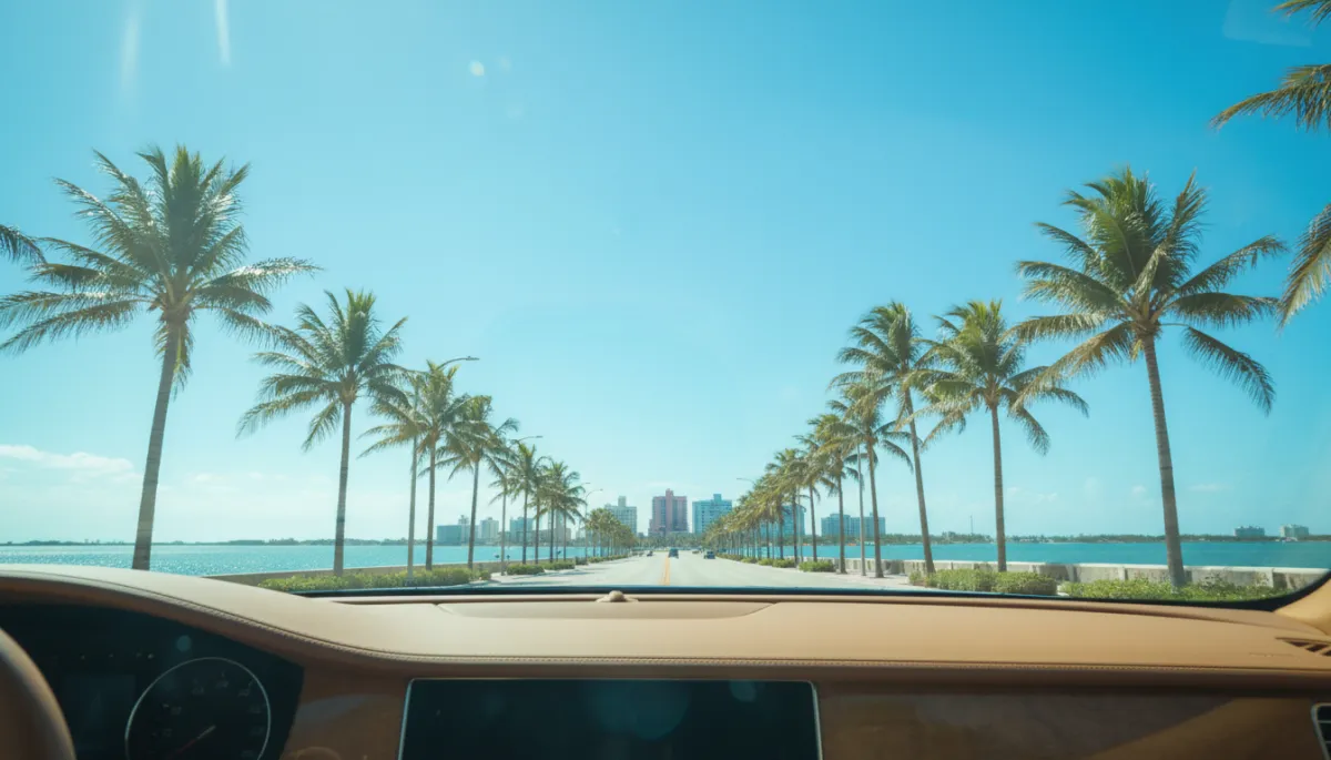 View through tinted windshield onto bright Miami street with palm trees and bay