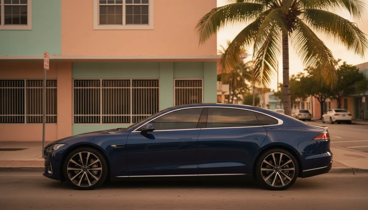 photorealistic side profile of a parked sedan on NW 8th Street in Miami, soft afternoon sun reflecting off slightly tinted windows, pastel commercial building and palm tree in background, no people, warm muted tones