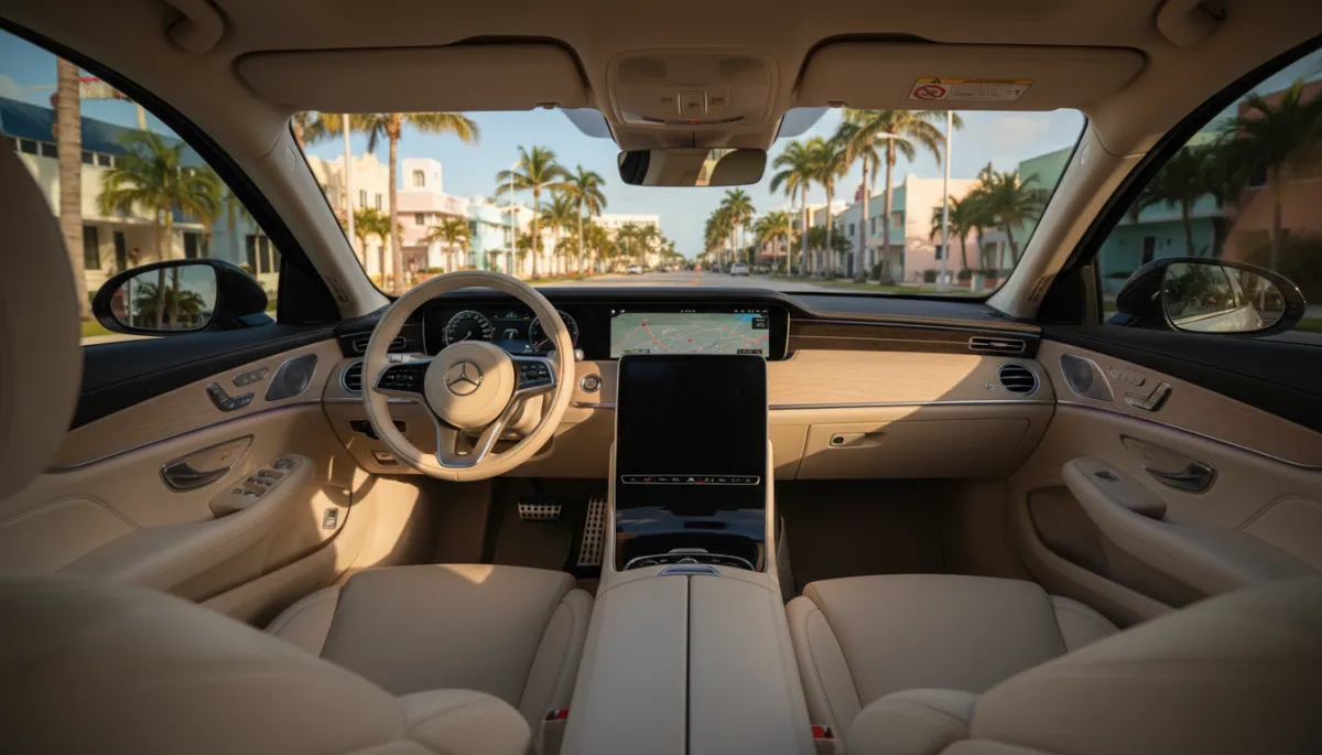 photorealistic overhead interior shot from back seat looking toward front dashboard of a parked sedan, warm Miami sunlight filtered through tinted windows, clean unfaded materials, Miami street with palm trees softly visible outside, no people