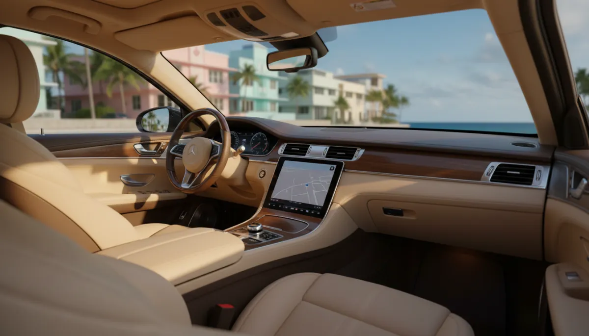 photorealistic view of a car dashboard and front seats in warm afternoon Miami light, interior seen through slightly tinted windows, rich unfaded materials and clean surfaces, pastel buildings and palm trees softly blurred outside, no people