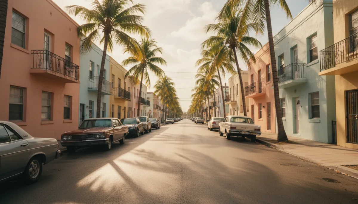 Quiet Miami street in Flagami or Little Havana with parked cars and pastel buildings under palm trees, no people visible