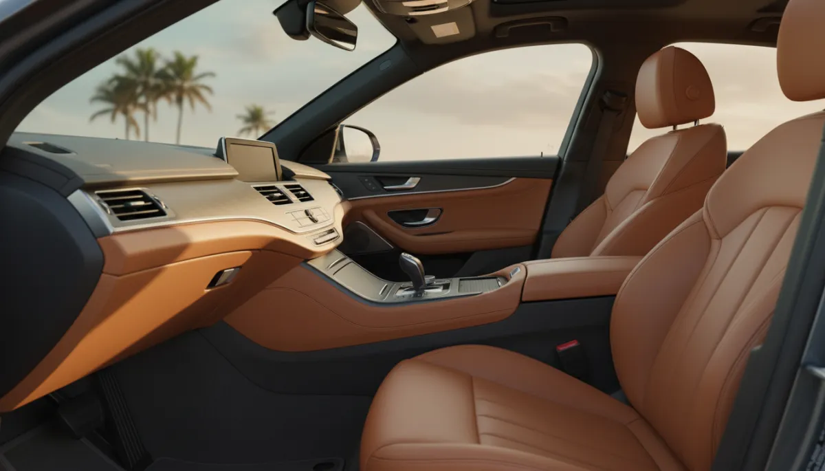 Sunlight filtered through tinted car window onto leather seats and trim