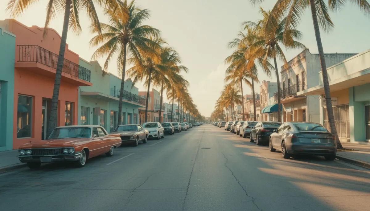 Parked cars along a sunny Miami neighborhood street with pastel storefronts and palm trees