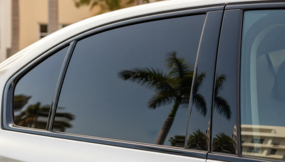 Close-up of a car window with ceramic tint reflecting Miami sky and palm