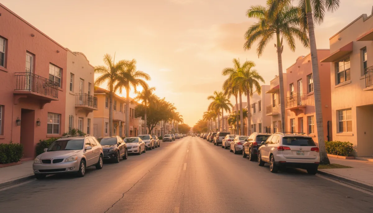 Golden-hour Miami street in Flagami with parked cars featuring tinted windows