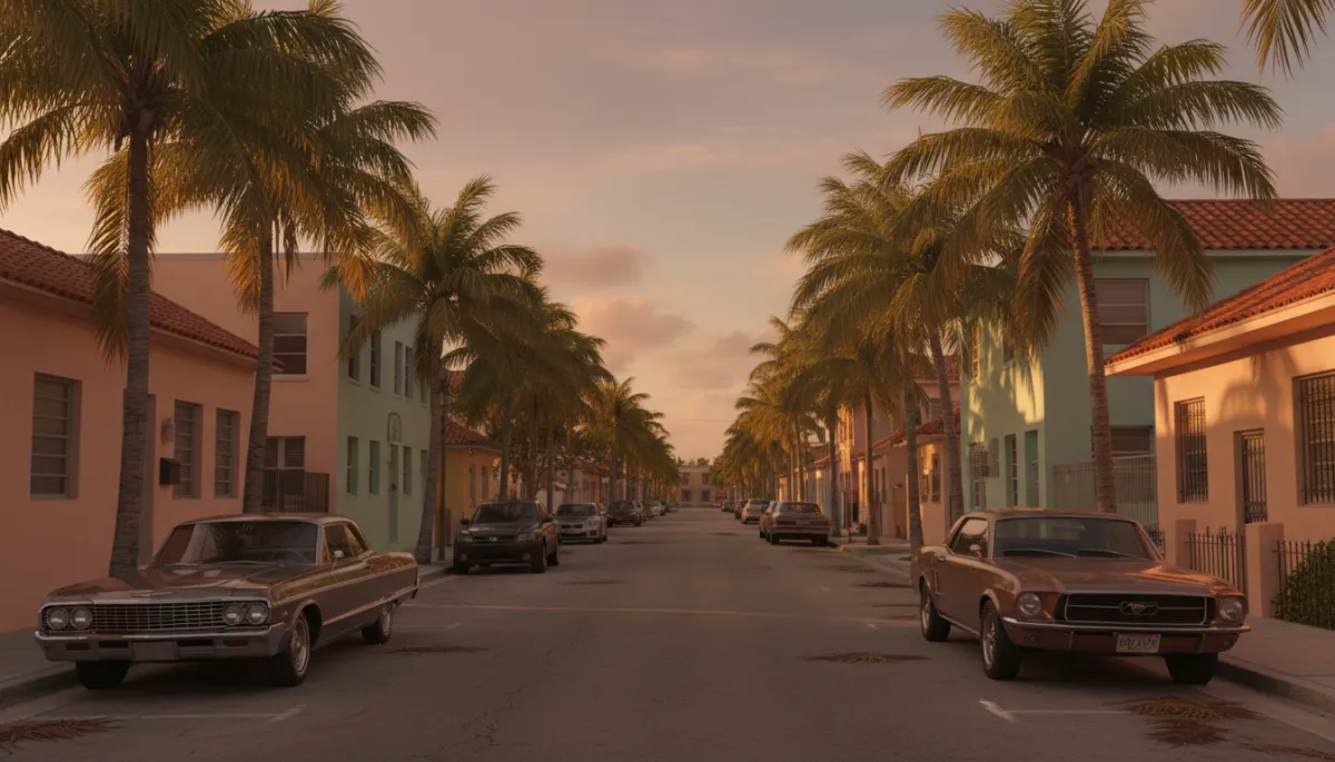 Parked cars with tinted windows along a warm Miami neighborhood street