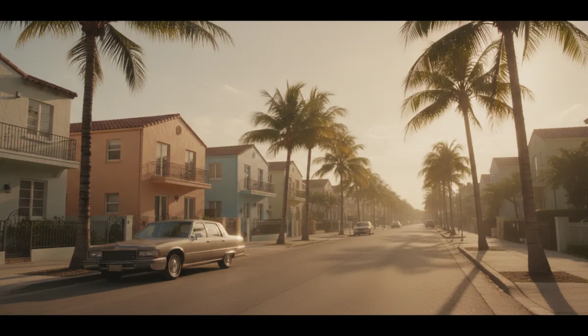 Golden-hour Miami street with a parked car showing subtle tinted windows