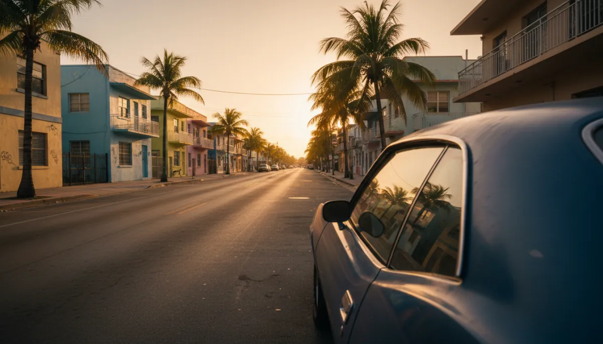 Tinted car parked on a warm Miami street in Flagami with pastel buildings and palm trees