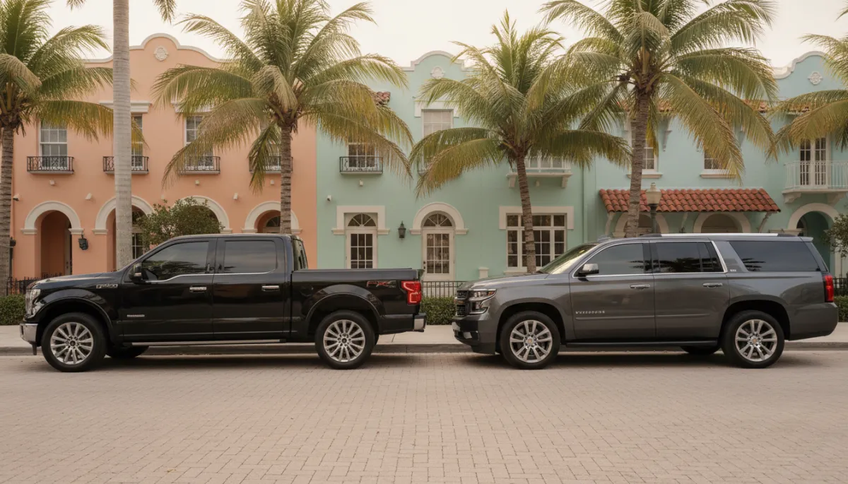Tinted pickup truck and SUV parked on a sunny Coral Gables street