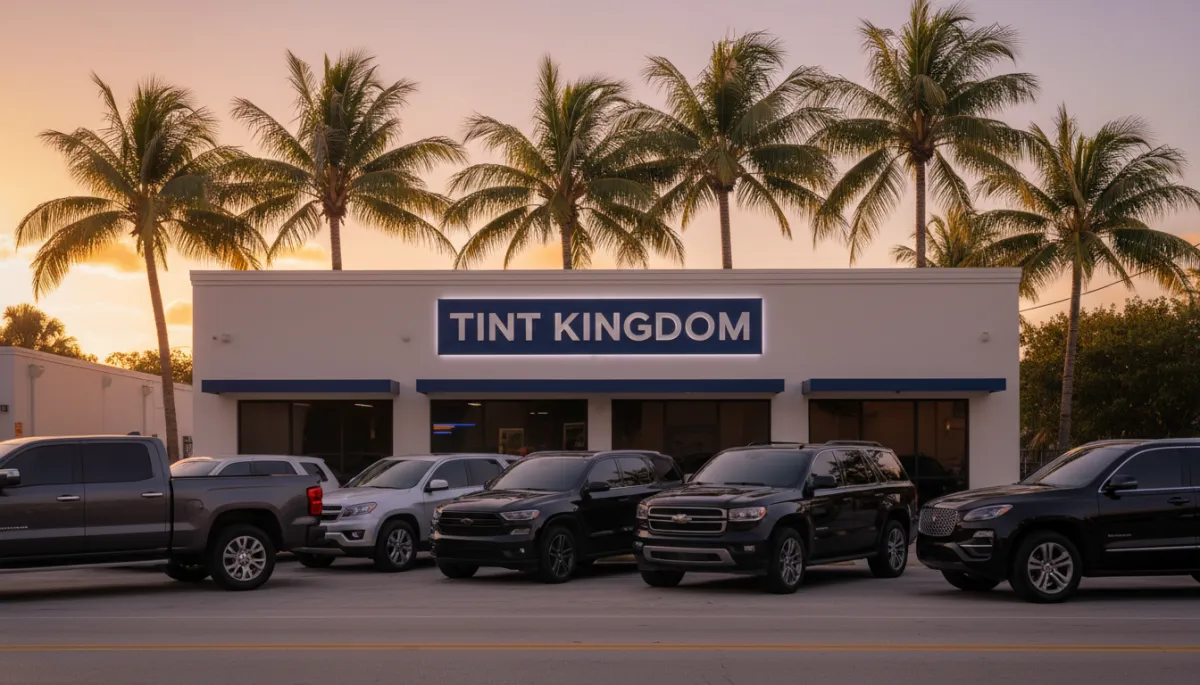 Tint shop storefront in Miami with parked SUVs and trucks featuring tinted windows
