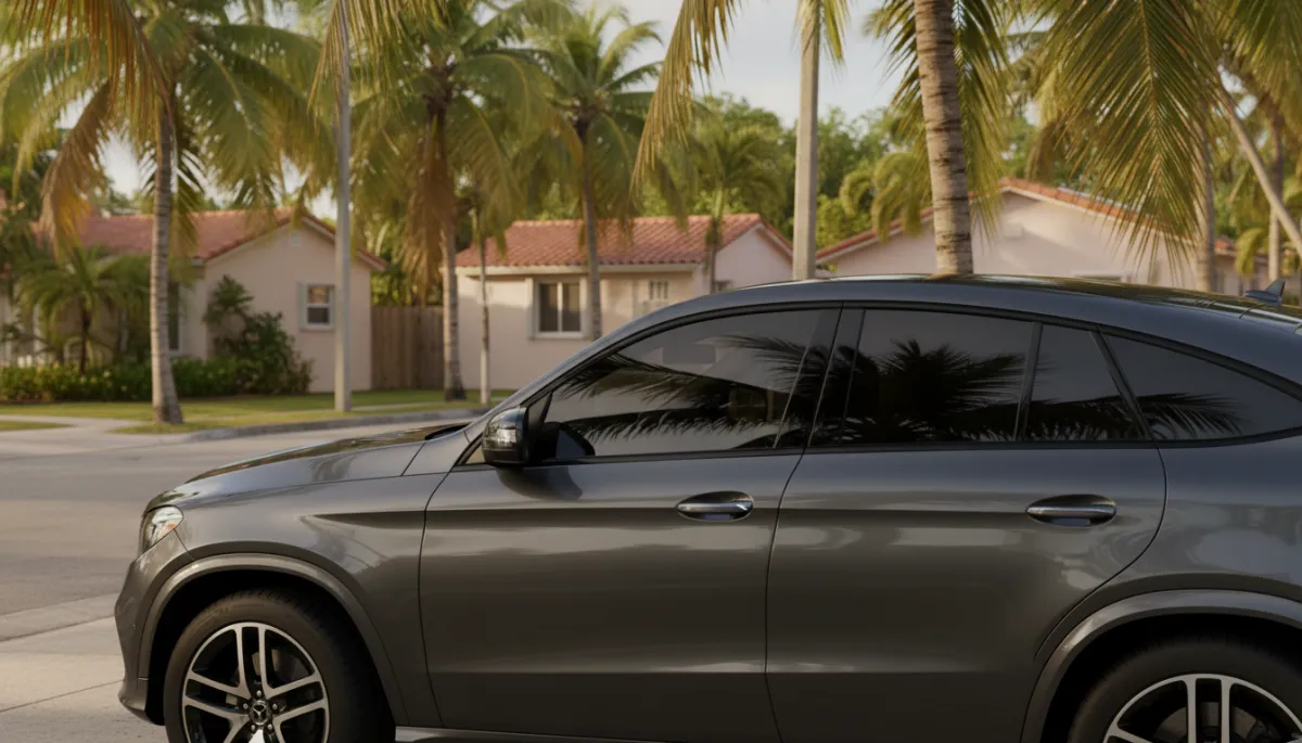 Tinted SUV parked under palm trees on a sunny Miami neighborhood street