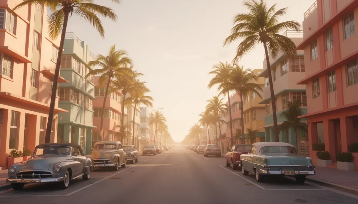 Calm Miami street with palm trees and pastel buildings in warm light