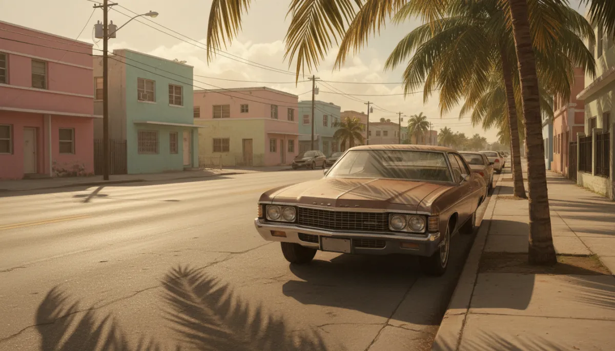 Parked car on a sunlit Miami street with palm shadows and pastel buildings