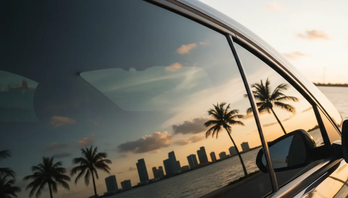 Side window with ceramic tint showing Miami skyline and Biscayne Bay through the glass