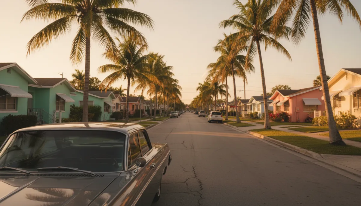 Miami neighborhood street with parked car featuring dark ceramic-tinted windows at golden hour