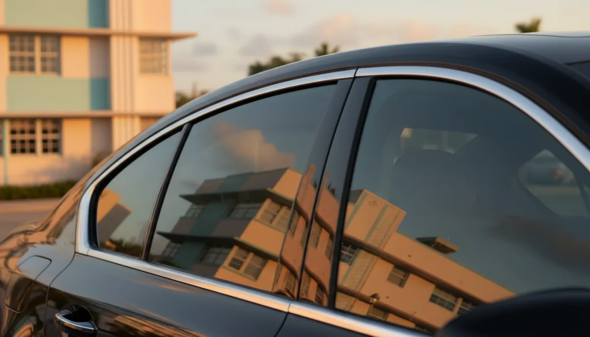 Tinted car window in Miami reflecting pastel buildings and sky