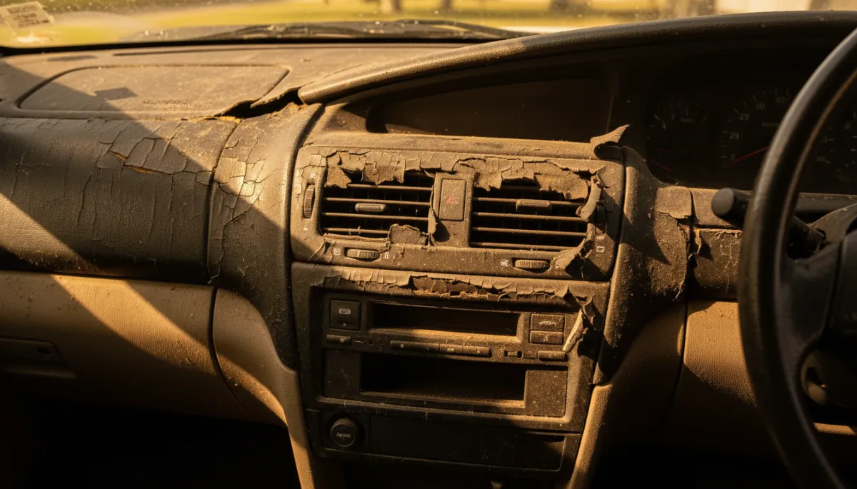 Sun-cracked and faded car dashboard damaged by years of UV exposure