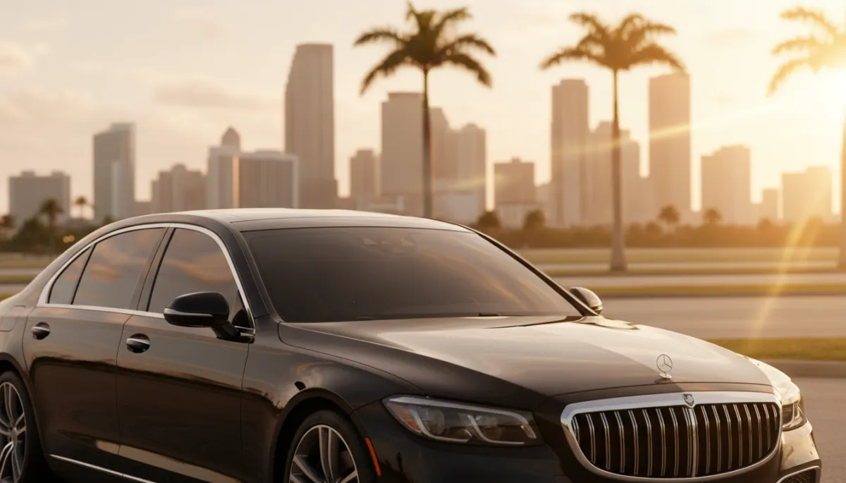 photorealistic luxury automotive photography, close-up of a high-end black sedan with sleek ceramic-tinted windows parked near Miami International Airport at golden hour, soft sunlight reflecting off neutral-toned glass, Miami skyline and palm trees subtly blurred in the background