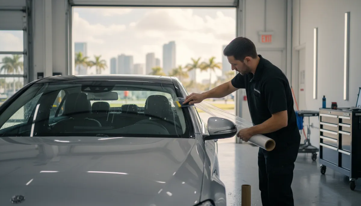 photorealistic neutral-tone image of a clean late-model sedan being professionally tinted inside a modern Miami auto shop, technician carefully applying film to side window with squeegee, soft daylight coming through shop doors, subtle Miami skyline hints in background