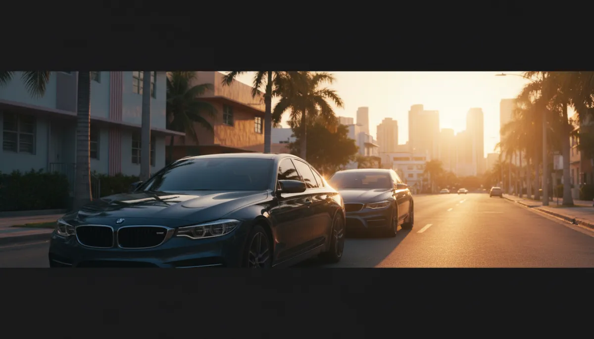 photorealistic warm cinematic Miami neighborhood street at golden hour, two identical sedans parked curbside, one glowing cool and shaded with dark ceramic tint, the other glaring with harsh sun reflections through clear glass, subtle view of downtown Miami skyline in the distance