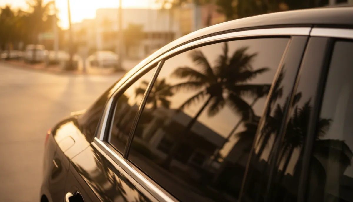 photorealistic close-up of a car door window with flawless ceramic tint, midday Miami sunlight hitting the glass, soft reflection of a palm tree in the tint, warm amber tones, subtle Miami street and sidewalk texture blurred in the background, no people or faces visible