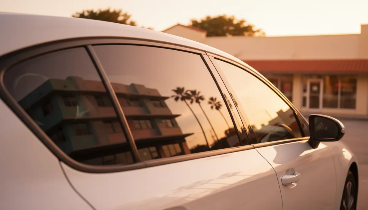 photorealistic close-up of a car door and side window reflecting pastel Miami architecture and palm trees, warm golden-hour light glinting off the visible edge of dark window tint, art deco style buildings and Flagami-style low-rise storefronts softly out of focus in the background, no people anywhere, warm amber and coral Miami tones, 16:9 aspect ratio