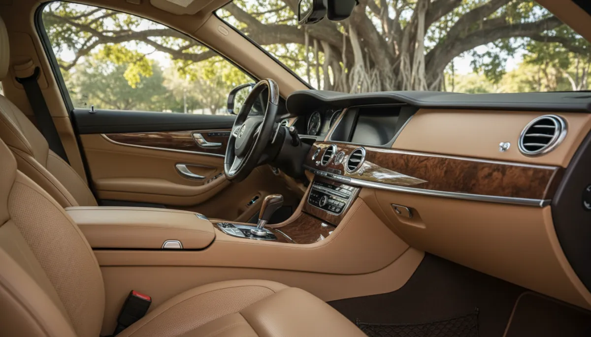 photorealistic close-up of a pristine luxury car interior with warm tan leather seats, polished wood trim, and a flawless dashboard showing no sun damage, parked under the dappled shade of a large Coral Gables banyan tree visible through the side windows, warm Miami afternoon light filtering softly through slightly tinted glass, elegant and muted color palette, no people or faces