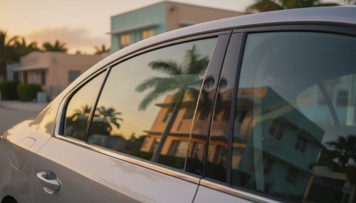 photorealistic close-up of a modern sedan side window at golden hour on a quiet Miami street, warm sunlight reflecting off the glass with a pastel Flagami-style building and palm tree softly visible in the reflection, no people, warm muted Miami tones