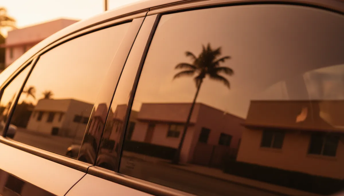 photorealistic close-up of a car side window in warm golden-hour Miami light, tinted glass reflecting a blurred Flagami street with pastel stucco walls and a single palm tree, no people anywhere, shallow depth of field, muted amber and rose tones