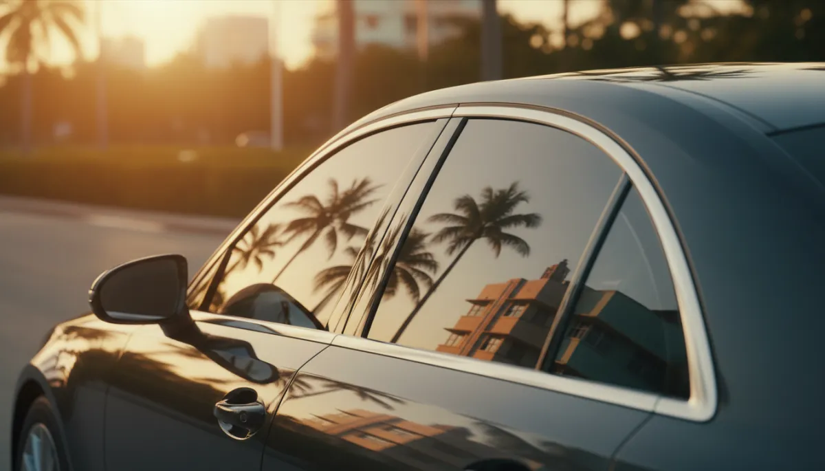 Photorealistic close-up of a dark-colored luxury sedan's side window and door panel, reflecting Miami palm trees and pastel Art Deco buildings under warm golden morning light, shallow depth of field, warm amber and teal tones, no people visible