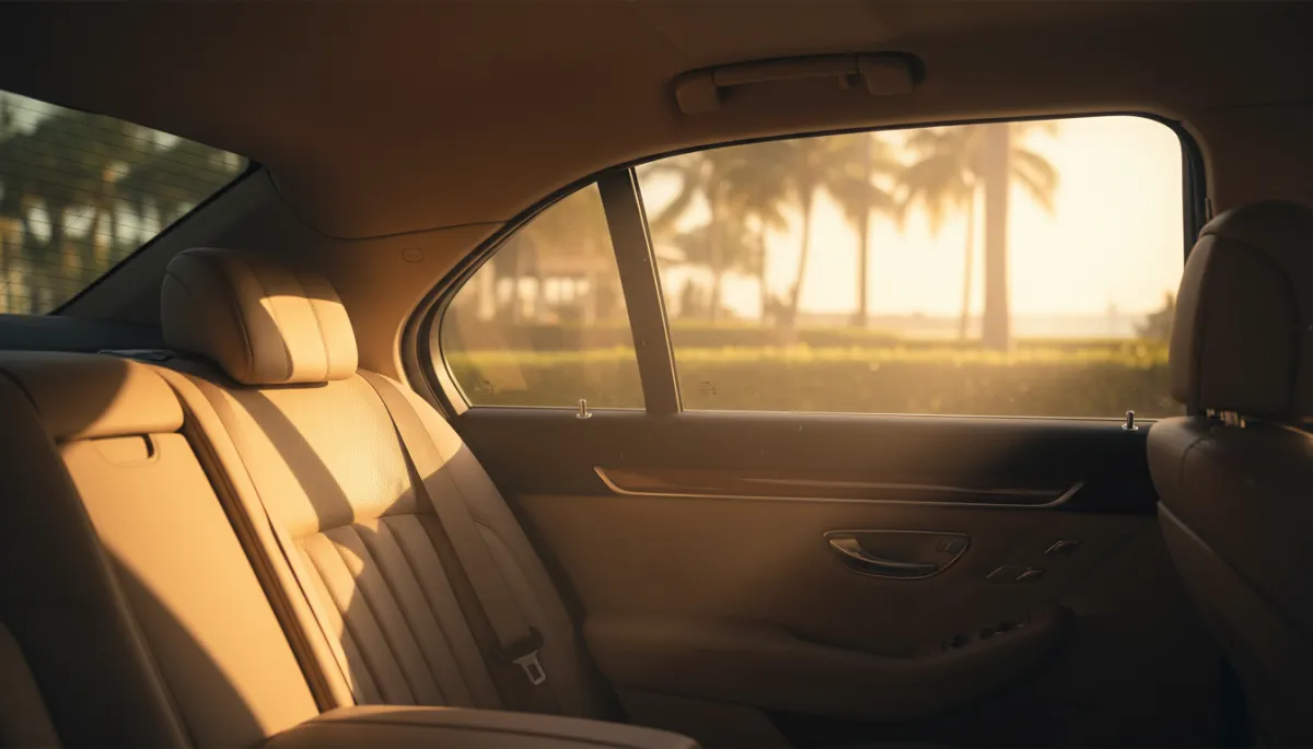 photorealistic close-up of warm golden Miami afternoon sunlight streaming through a car side window onto an empty back seat, strong contrast between harsh light outside and calm shaded interior, warm amber and cream tones, muted and elegant