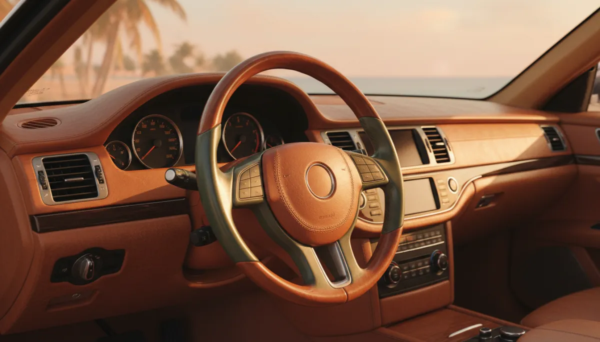 photorealistic close-up of a car interior dashboard and steering wheel, warm amber Miami late-afternoon light streaming through softly tinted windows, no people visible, rich worn leather texture, subtle reflections on glass, color palette of amber, terracotta, and sage tones