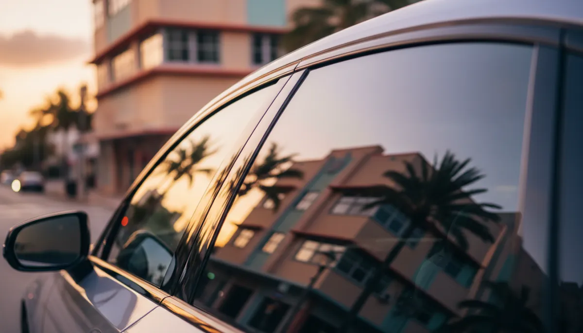 photorealistic close-up of a car side window with subtle 3M ceramic tint, reflecting golden-hour Miami sky and palm trees, warm amber-gold reflections, soft-focus pastel Art Deco building in peach and mint tones in background, no people visible, 85mm lens look, shallow depth of field, warm muted Miami street aesthetic