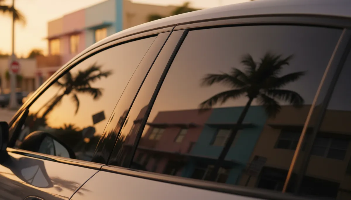 photorealistic close-up of a parked car side window with fresh, dark ceramic tint, warm Miami golden-hour sun outside, palm trees and pastel buildings softly reflected in the glass, no people visible, subtle NW 8th Street urban vibe