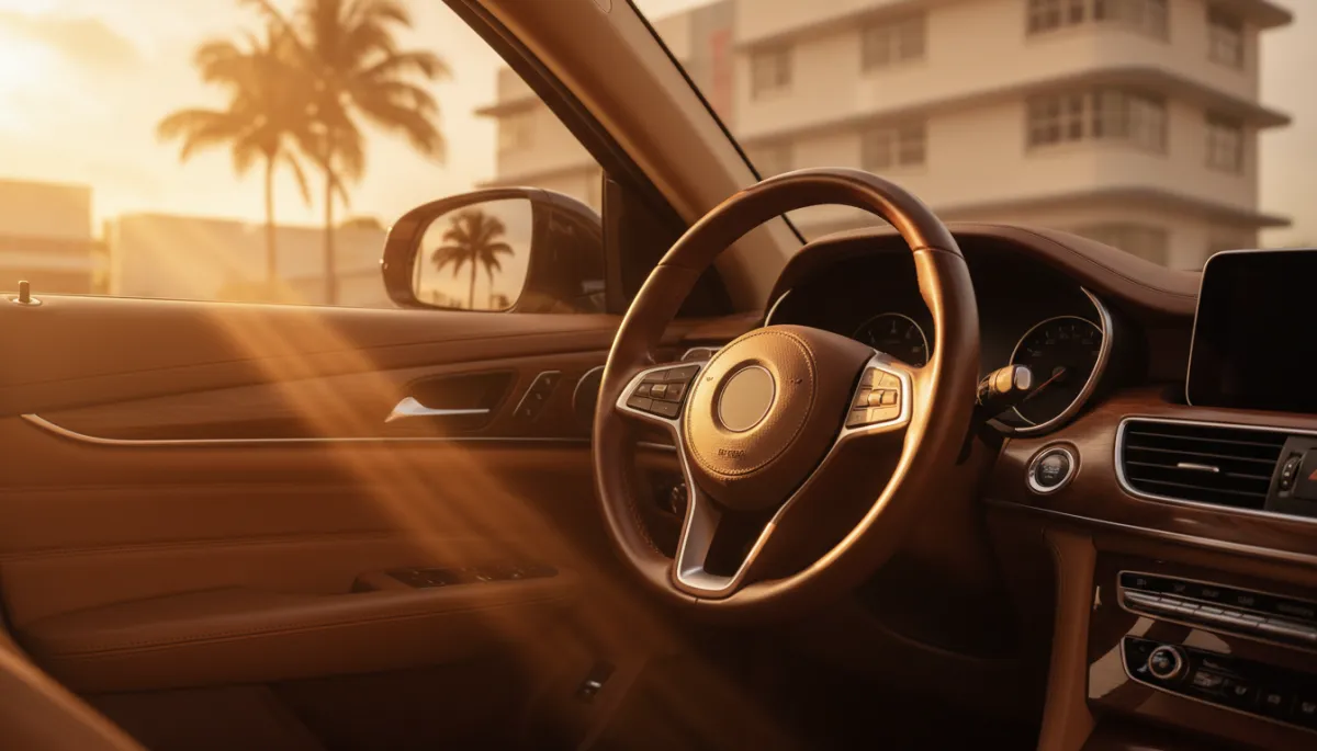 photorealistic close-up of a car's leather dashboard and steering wheel in warm Miami afternoon light, sunlight streaming through a tinted side window with soft amber-gold tones, no people or hands visible, faint silhouette of a Miami palm tree and art deco style building through the glass, muted warm palette, subtle reflections, authentic Miami golden hour vibe