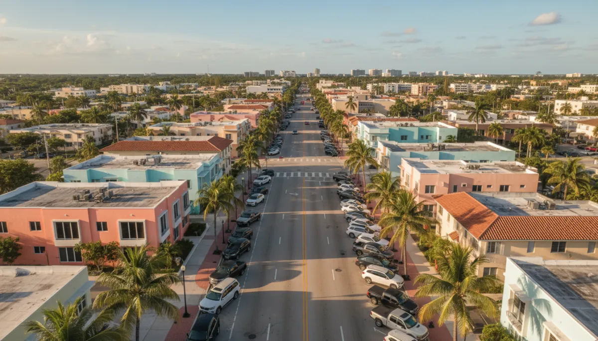 photorealistic aerial view of a sunlit Miami street near Flagami with several parked SUVs and pickup trucks, warm neutral Miami color palette, palm trees and low-rise pastel buildings, bright afternoon sun reflecting off large vehicle windows
