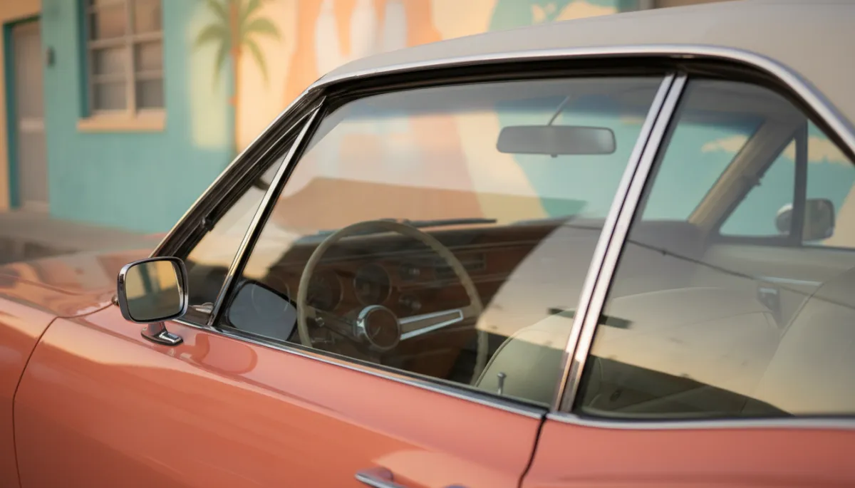 photorealistic close-up of a parked car door and side window in warm golden-hour Miami light, empty car interior visible through softly reflective tinted glass, pastel Flagami or Little Havana building wall softly out of focus in the background, no people anywhere