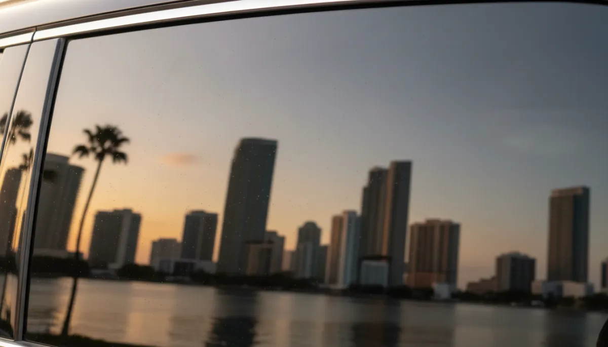 photorealistic close-up of a car side window with subtle ceramic tint, Miami skyline softly reflected in the glass at golden hour, warm muted Miami tones, no people, focus on glass texture and reflection