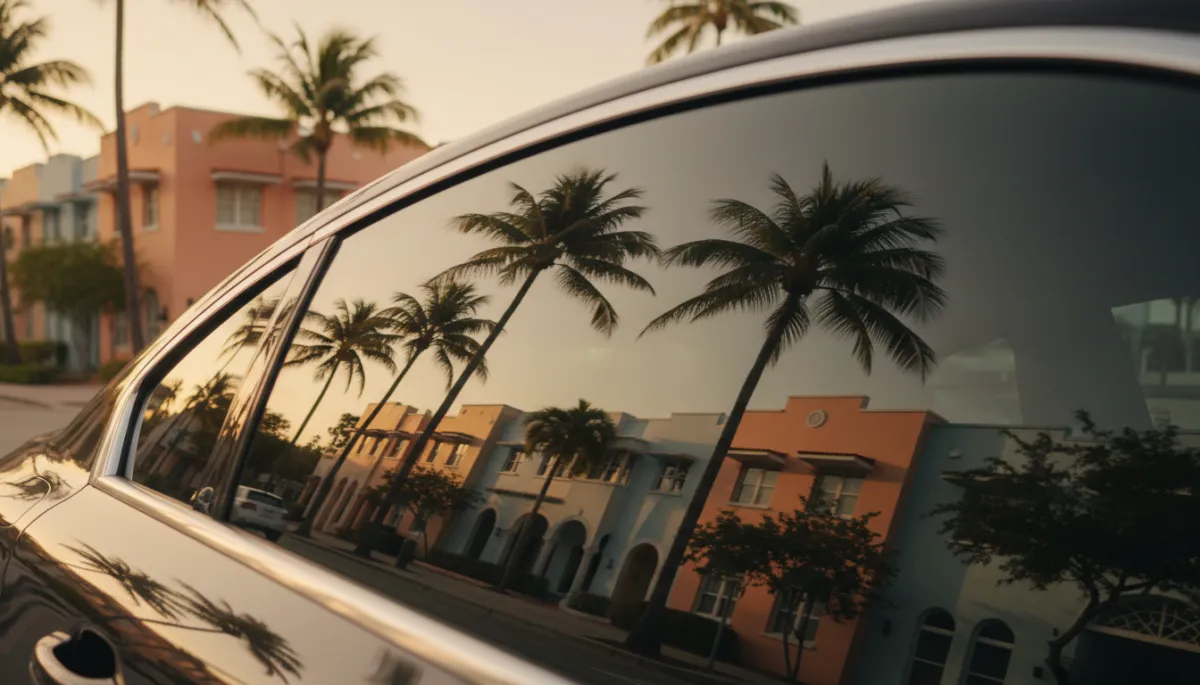 photorealistic close-up of a car side window reflecting Miami palm trees and pastel architecture, shot from street level in warm afternoon light, mirror-like tinted reflection of a Coral Gables or Flagami street, no people, warm amber-gold tones, cinematic depth of field