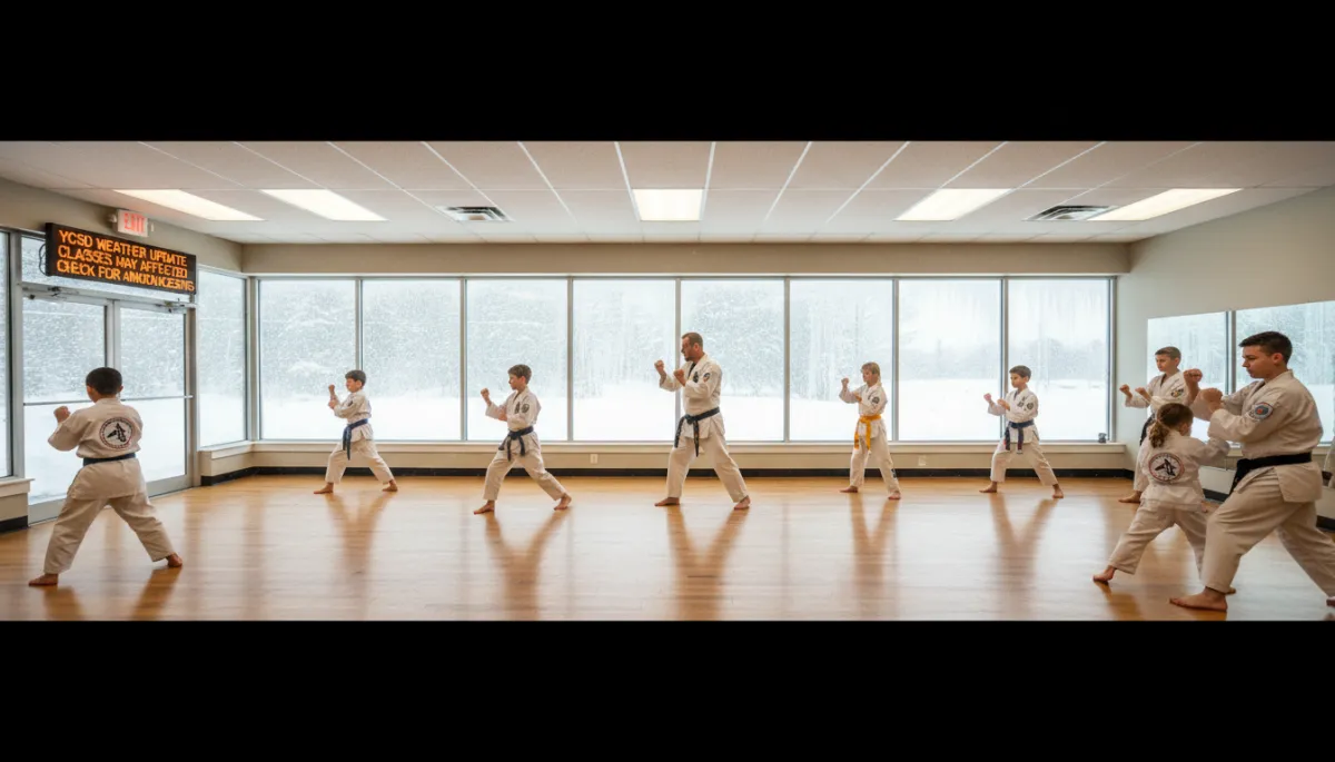 A photorealistic, high-quality image showing a group martial arts class inside a modern studio, with students of various ages practicing defensive techniques under the guidance of a certified instructor from Boyd's Defensive Arts LLC. Outside the large studio windows, realistic winter weather conditions—such as falling snow and accumulating ice—are visible, subtly highlighting the impact of inclement weather. The atmosphere inside is focused and energetic, with students dressed in branded martial arts uniforms. A digital notice board near the entrance displays an alert: 